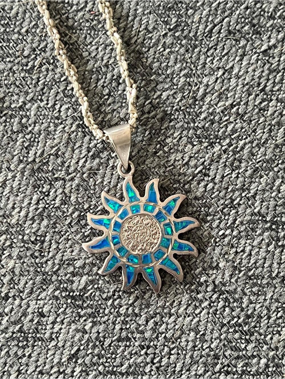 Silver Sunburst Pendant Necklace with Blue Opal Inlay